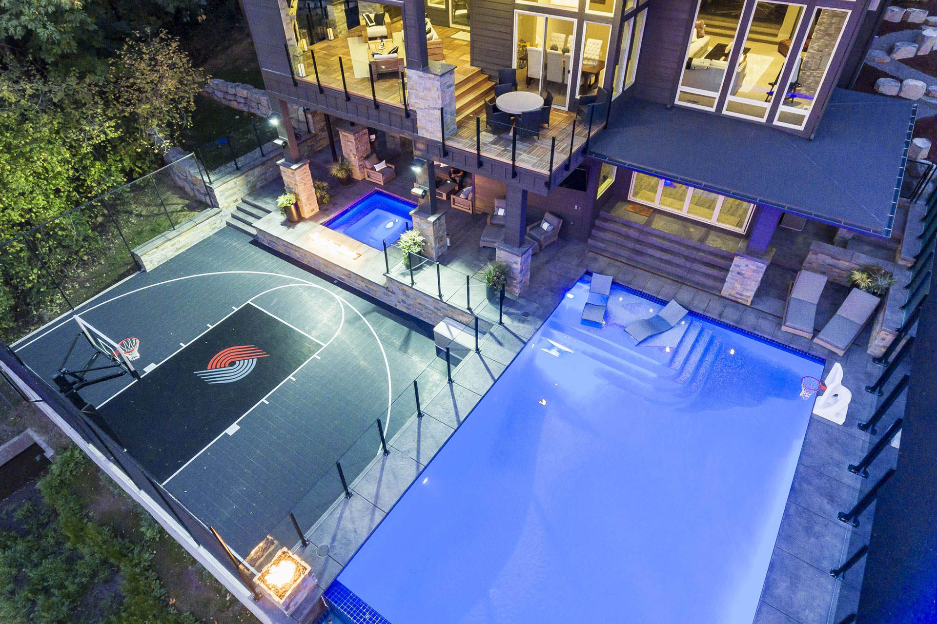 Aerial shot of sports court and pool landscaping in Vancouver, WA