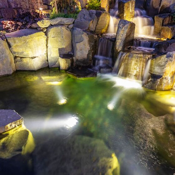 Fountain lighting features in pond