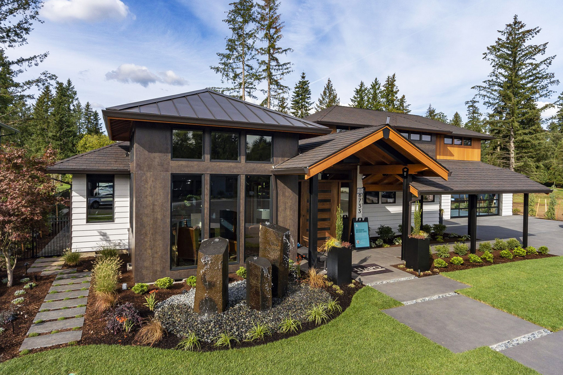 Front yard basalt water feature and landscaping in Vancouver, WA