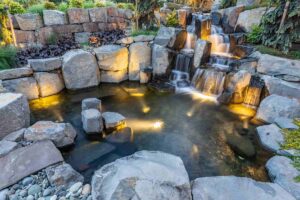 Pond Lighting with waterfall in Vancouver, WA