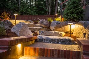 Path Lightings and stone steps in backyard landscape in Vancouver, WA