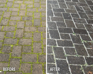 Paver patio before and after soft wash service Vancouver, WA